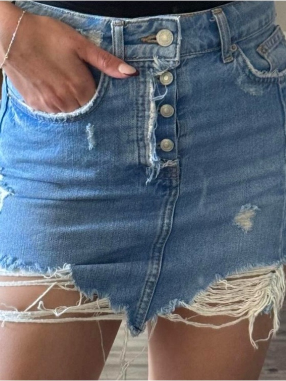Zara Distressed Light Blue Denim Mini Skirt